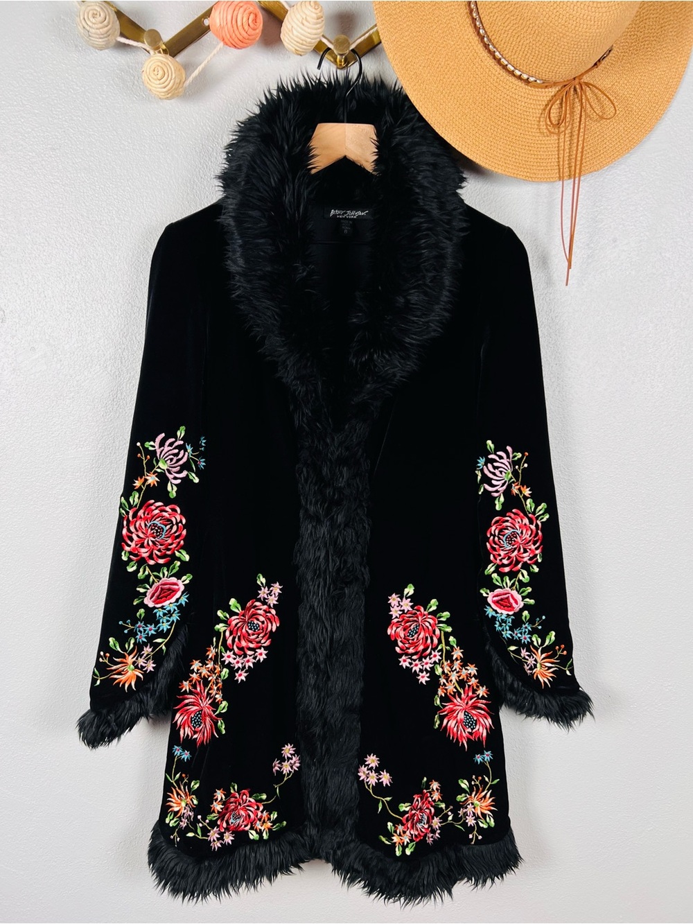 Vintage 90s Betsey Johnson Black Velvet Floral Embroidered Fur Trim Penny Lane - Picture 12 of 12